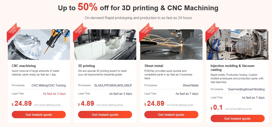 Up to 50% off for 3D printing & CNC Machining
